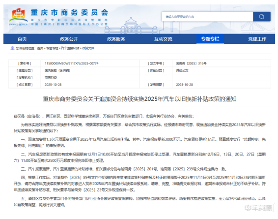 2025年10月28日，重慶市商務(wù)委員會(huì)發(fā)布《重慶市商務(wù)委員會(huì)關(guān)于追加資金持續(xù)實(shí)施2025年汽車以舊換新補(bǔ)貼政策的通知》。